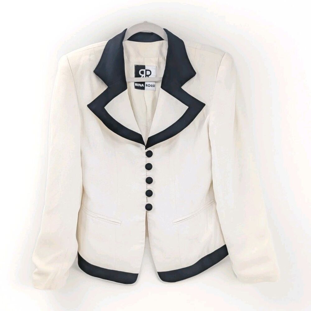 Rina Rossi Vintage White Black Button Tailored Crop Blazer Jacket Size S/M
